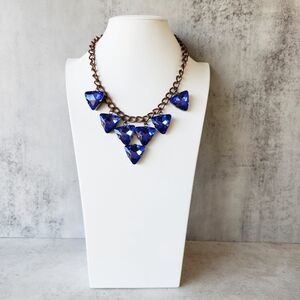Blue Faceted Glass Triangle Beaded Necklace Antiqued Gold Tone Chain 18" Long